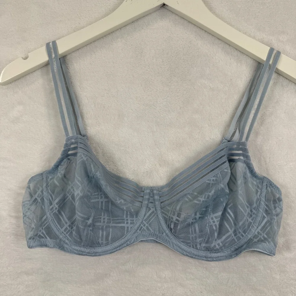 Adore Me Womens 36C Dusty Blue Plaid Lace Unlined Balconette Bra‎ BR-09245-BAL